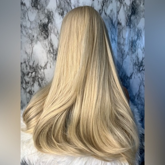 Ash Light Blonde Straight Hair long Wig with bangs 24” - Picture 2 of 6
